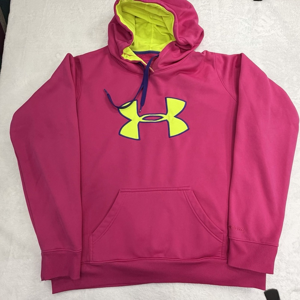Under Armour UA Storm Hoodie Pullover Sweatshirt Pink Yellow Womens Large